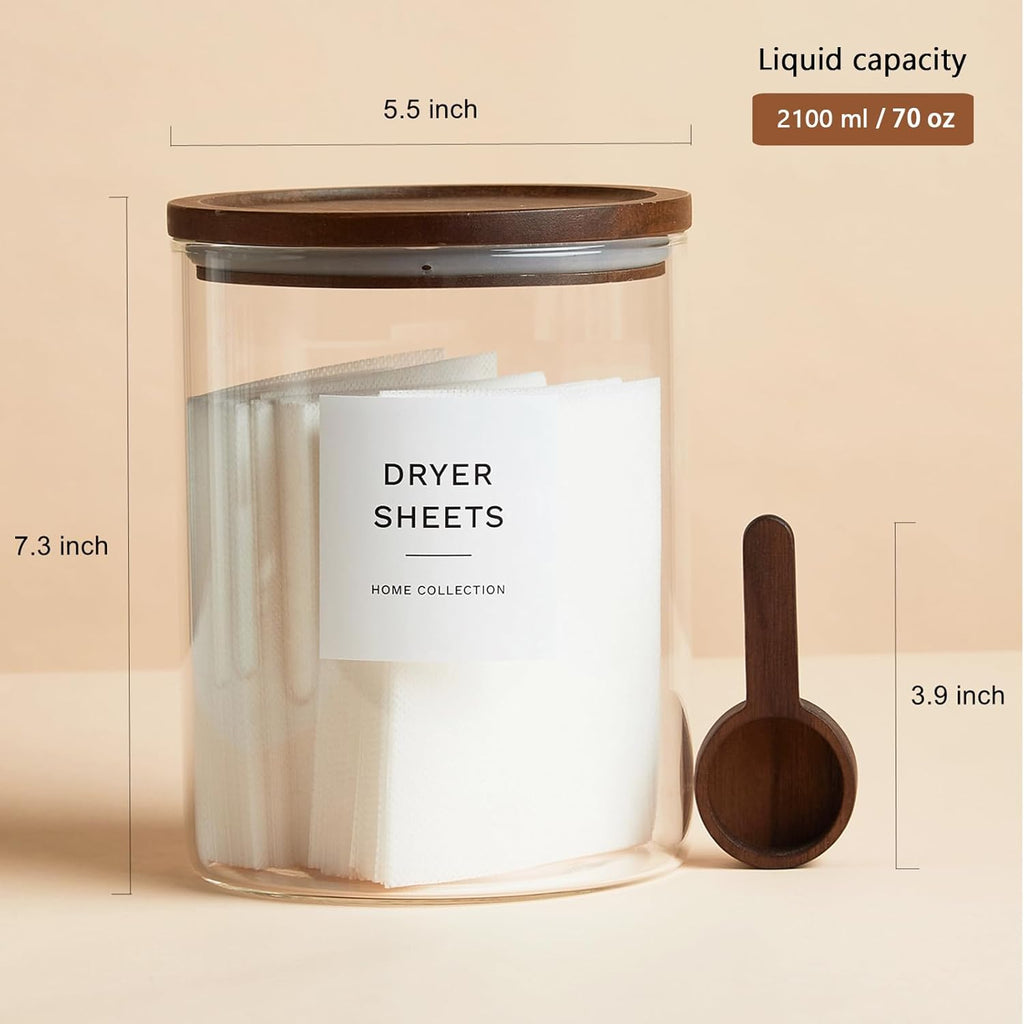 Glass Laundry Storage Containers with Acacia Lids and Scoops, 2 Pack Laundry Room Organization Jars with Labels, Powder Detergent Organizer and Laundry Pod Holder, Glass Laundry Beads Canisters Set