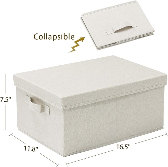 HOONEX Foldable Storage Bins with Lids, 2 Pack, Storage Boxes with Carrying Handles and Sturdy Heavy Cardboard, 16.5" L x 11.8" W x 7.5" H for Shoes, Books, Clothes, Linens, Beige