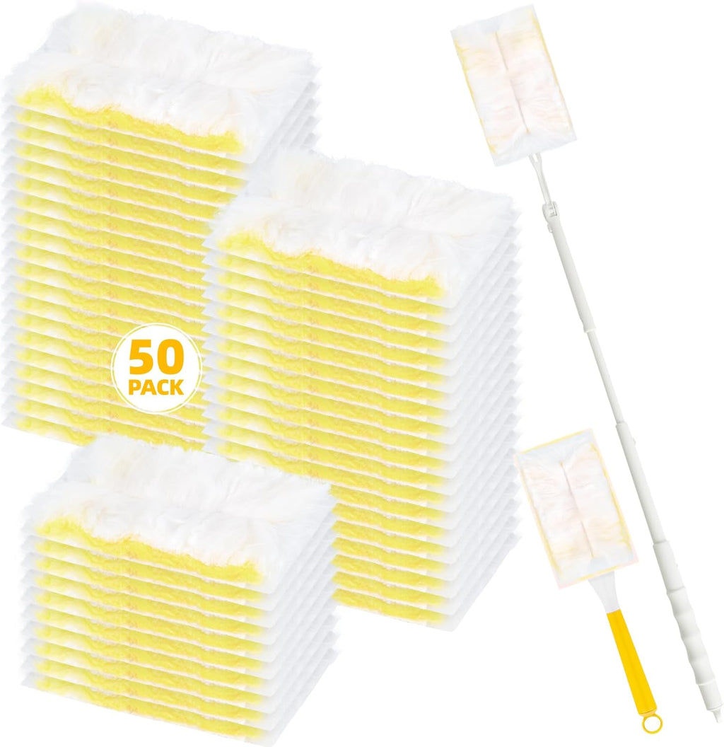 52 Count Disposable Duster Refills for Cleaning, 180° Dusters Refills Compatible with Swiffer Handles (Yellow, 50 Count Dust Removal Brushes + 1 Standard Handle + 1 Extended Handle)