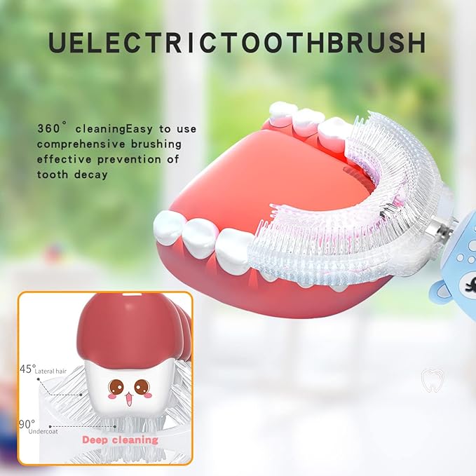 Kids Electric Toothbrushs U Shaped sonic Automatic Toothbrush with 4 Brush Heads, Six Cleaning Modes,Cartoon deer Modeling , full mouth toothbrush for baby