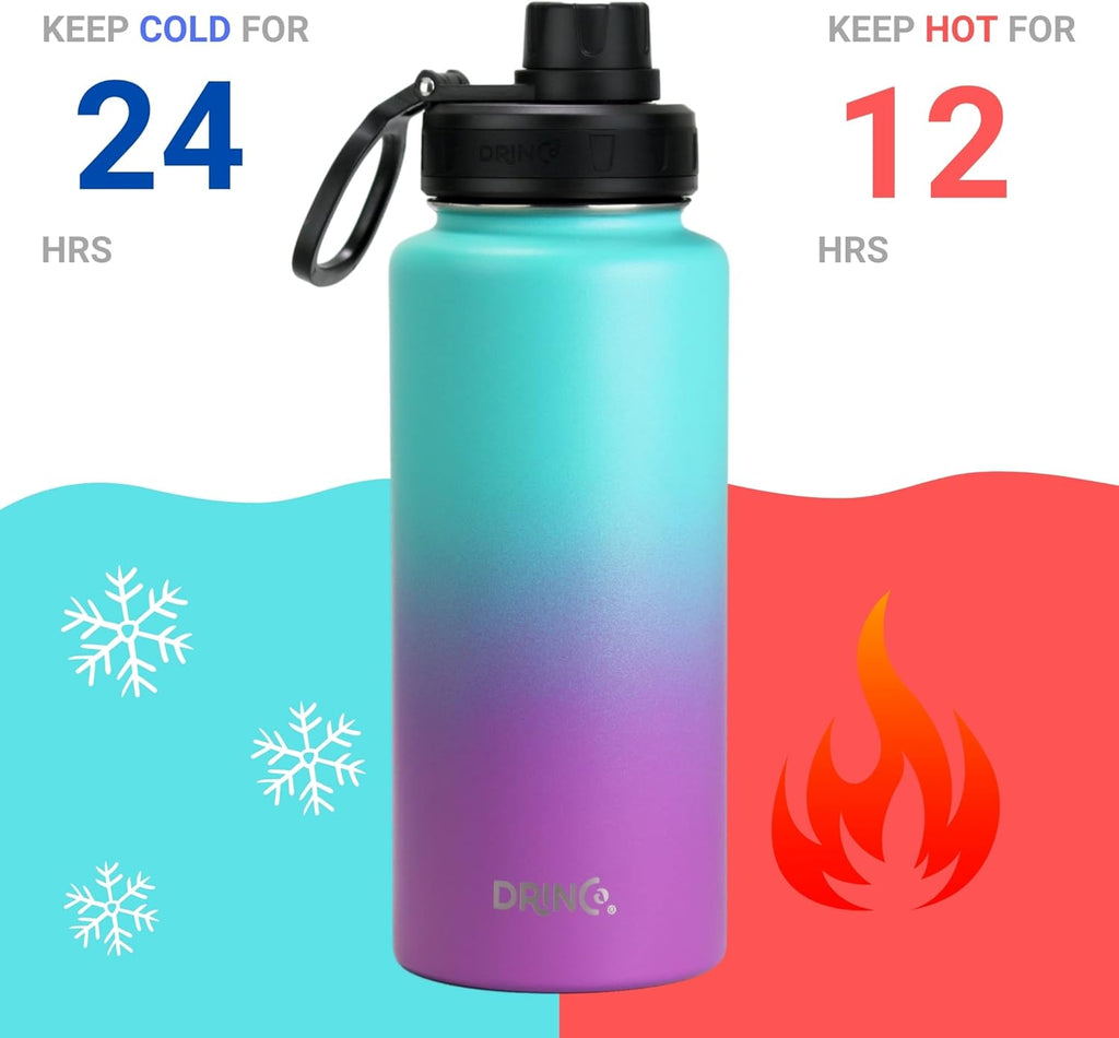DRINCO Stainless Steel Water Bottle Spout Lid Vacuum Insulated Double Wall Water Bottle Wide Mouth (40oz 32oz 22oz 18oz 14oz) Leak Proof Keeps Cold or Hot (32 oz, 32oz Ombre Fuchsia Teal)