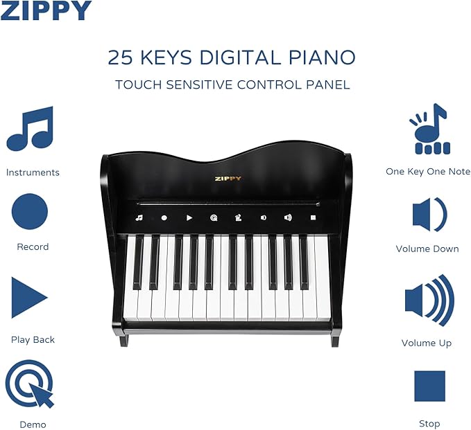 ZIPPY Kids Piano Keyboard, 25 Keys Digital Piano for Kids, Touch Sensitive Control Panel, Volume Adjustable, Mini Music Educational Instrument Toy, Wood Toy for Toddlers Girls Boys (Black)