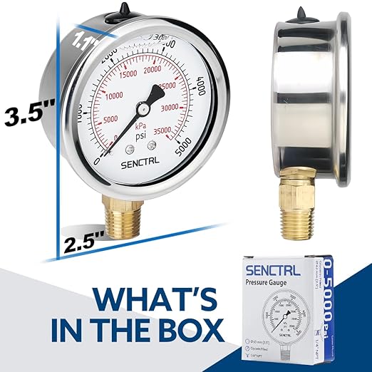 SENCTRL 5000 Psi Glycerin Liquid Filled Hydraulic High Pressure Gauge, 2.5" Dial Size, 1/4" NPT Lower Mount, Stainless Steel Case, for Air Gas Water Oil Pressure Test