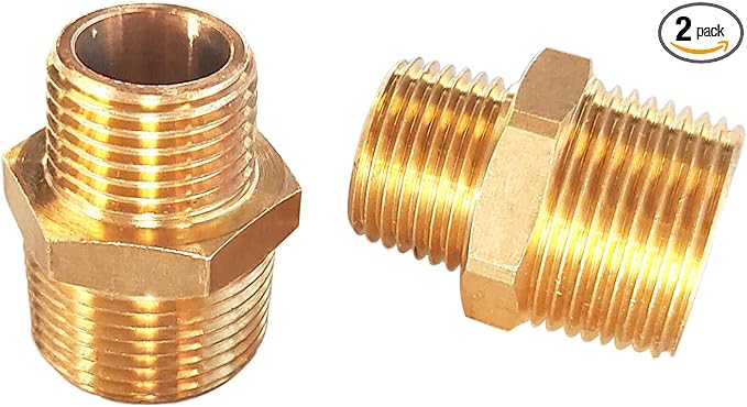 2pcs 3/4" NPT x 1/2" NPT Brass Nipple, 3/4 to 1/2 Adapter Fitting Reducing Solid Hex Nipple, Brass 3/4 Male to 3/2 Male Reducer Pipe Fittings for Extending and Connecting Pipes