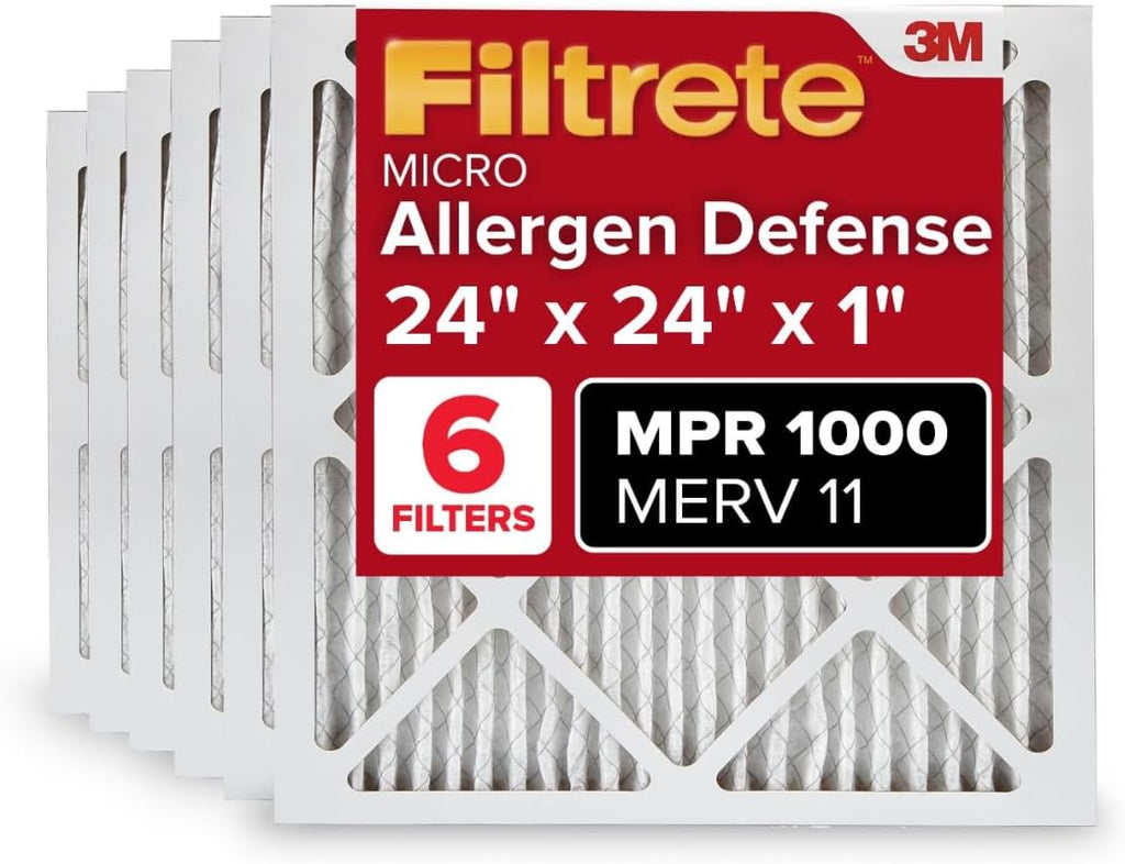 Filtrete 24x24x1 AC Furnace Air Filter, MERV 11, MPR 1000, Micro Allergen Defense, 3-Month Pleated 1-Inch Electrostatic Air Cleaning Filter, 6 Pack (Actual Size 23.81x23.81x0.81 in)