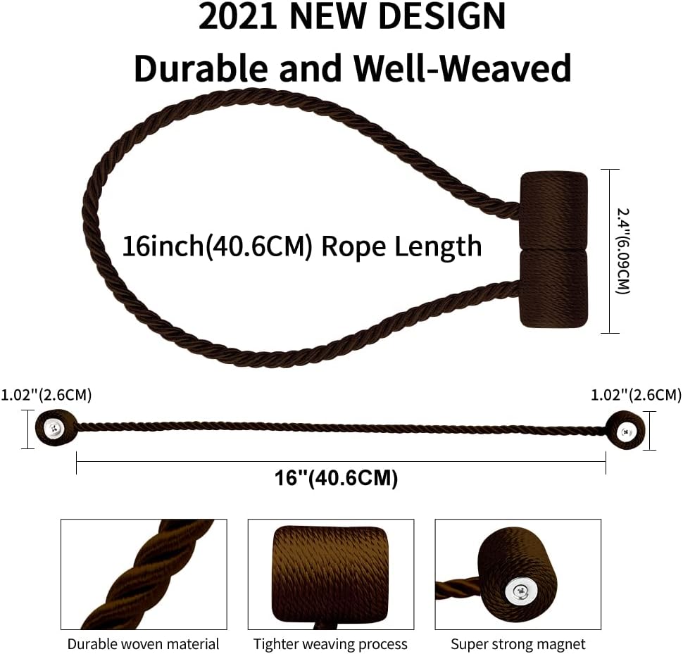18 Inch Strong Magnetic Curtain Tiebacks, Curtain Holdbacks Modern Upgrade Strong 2021 New Twisted Style Decorative Drapery Rope Tie Backs(4 Pack Dark Coffee)