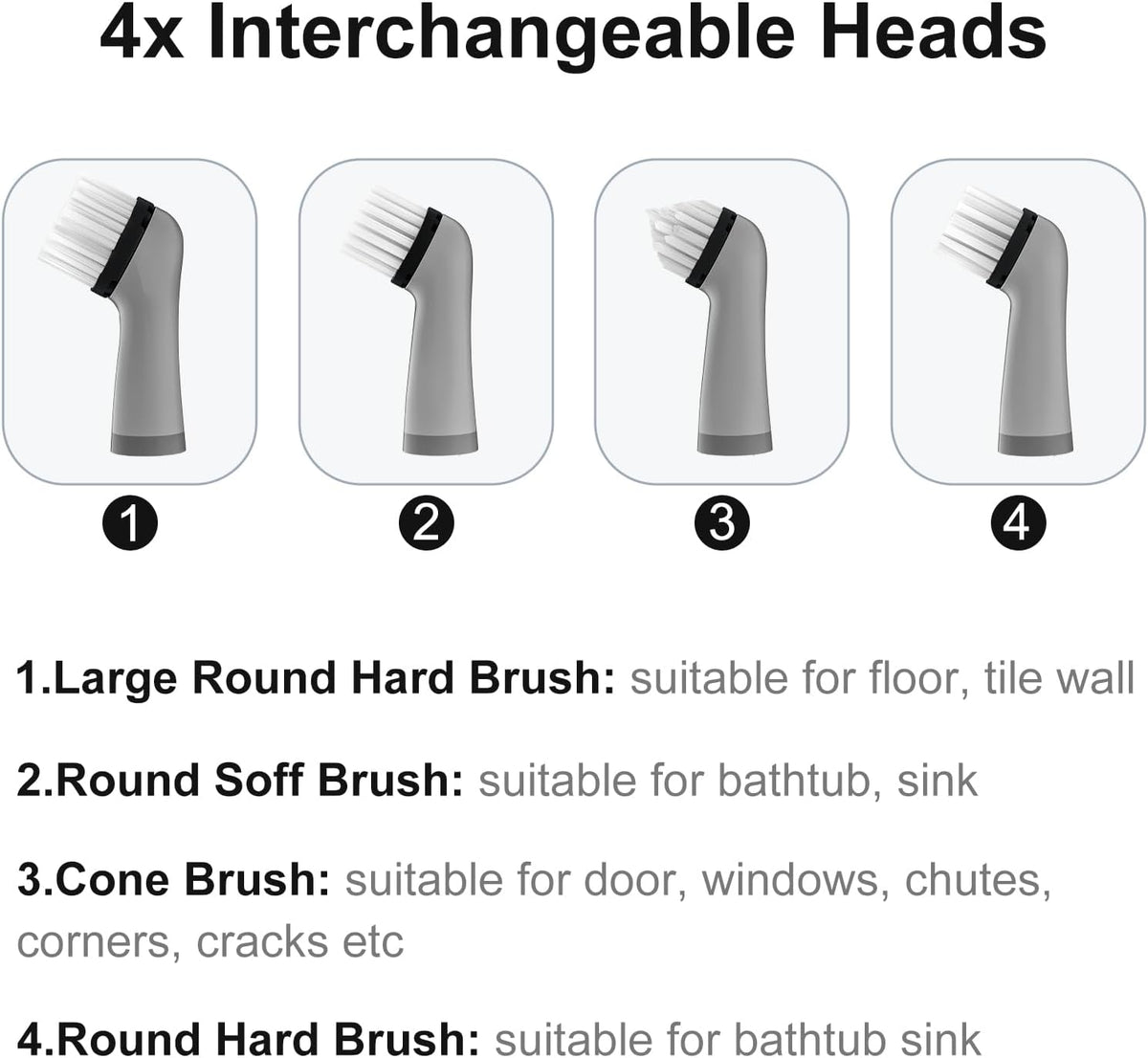 Electric Cleaning Brush with 4 in 1 Multiple Brush Heads, Indoor Household Cordless Motorized Brush for Bathroom Toilet Kitchen Tile Crevice(Black)