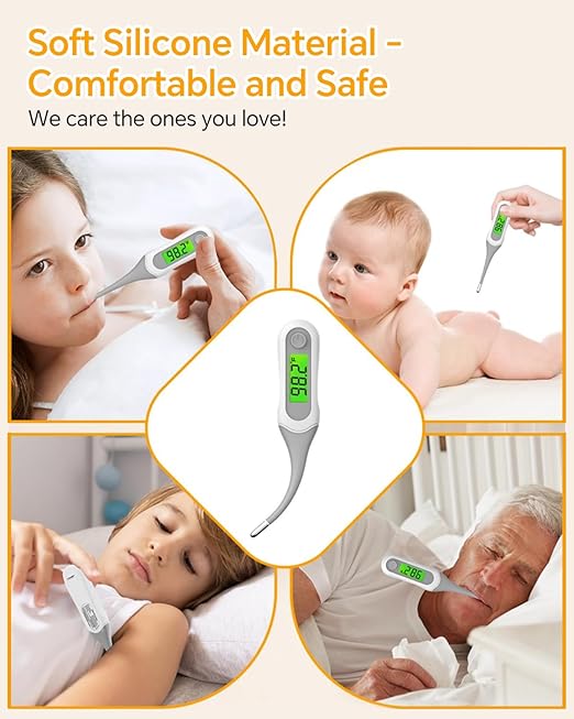 8 Seconds Digital Oral Thermometer for Adults and Kids, Accurate & Safe Baby Thermometer with Fever Alarm, 3 Backlits Display, Flexible Tip, Medical Basal Thermometer for Rectal, Underarm