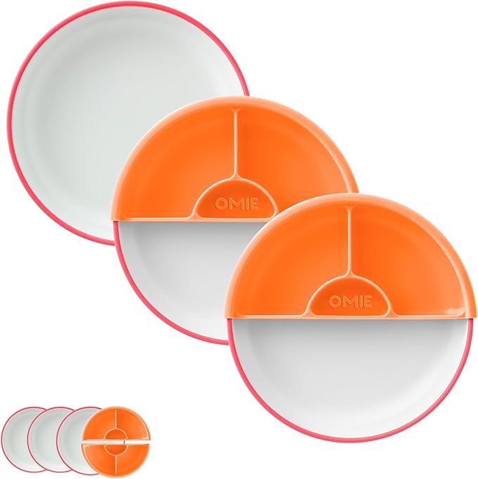 Omie® Easy Scoop Plates for Kids | Unique Design Helps Food Fall into the Spoon, Not on the Table | Made from Plants | 3 Plates + 2 Silicone Dividers | Pink