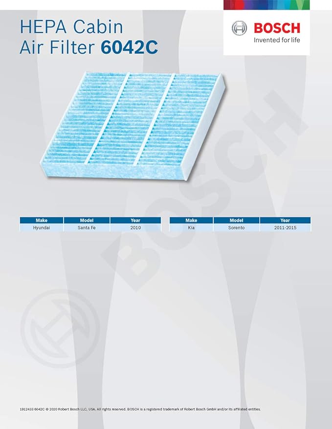 BOSCH 6042C HEPA Cabin Air Filter - Compatible with Select Hyundai Santa Fe; Kia Sorento