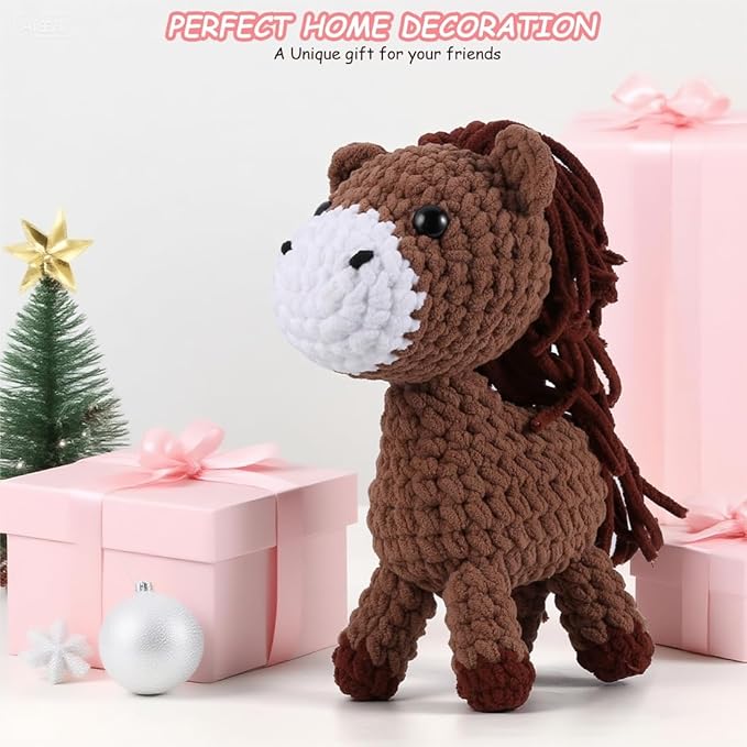 Crochet Animal Kit–10in Big Adorable HORSE, Amigurumi Crochet Kit For Intermediate Advanced level, Kids Knitting Kit With Detailed Videos Tutorials, Yarn, Crochet Hook, Best Gift For Crochet Lovers