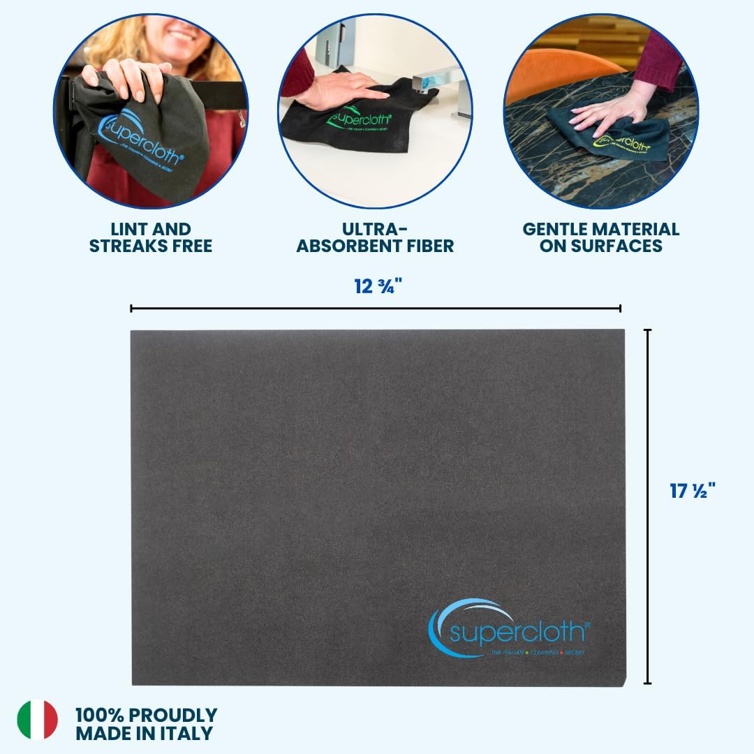 Supercloth® Premium Microfiber Cleaning Cloth for All-Purpose, Lasts Over 5 YEARS, Glasses Cleaning Cloth, Microfiber Cleaning Cloth for Cars, Magic Reusable Cloth Streak-Free 100% Made in Italy (3pk)