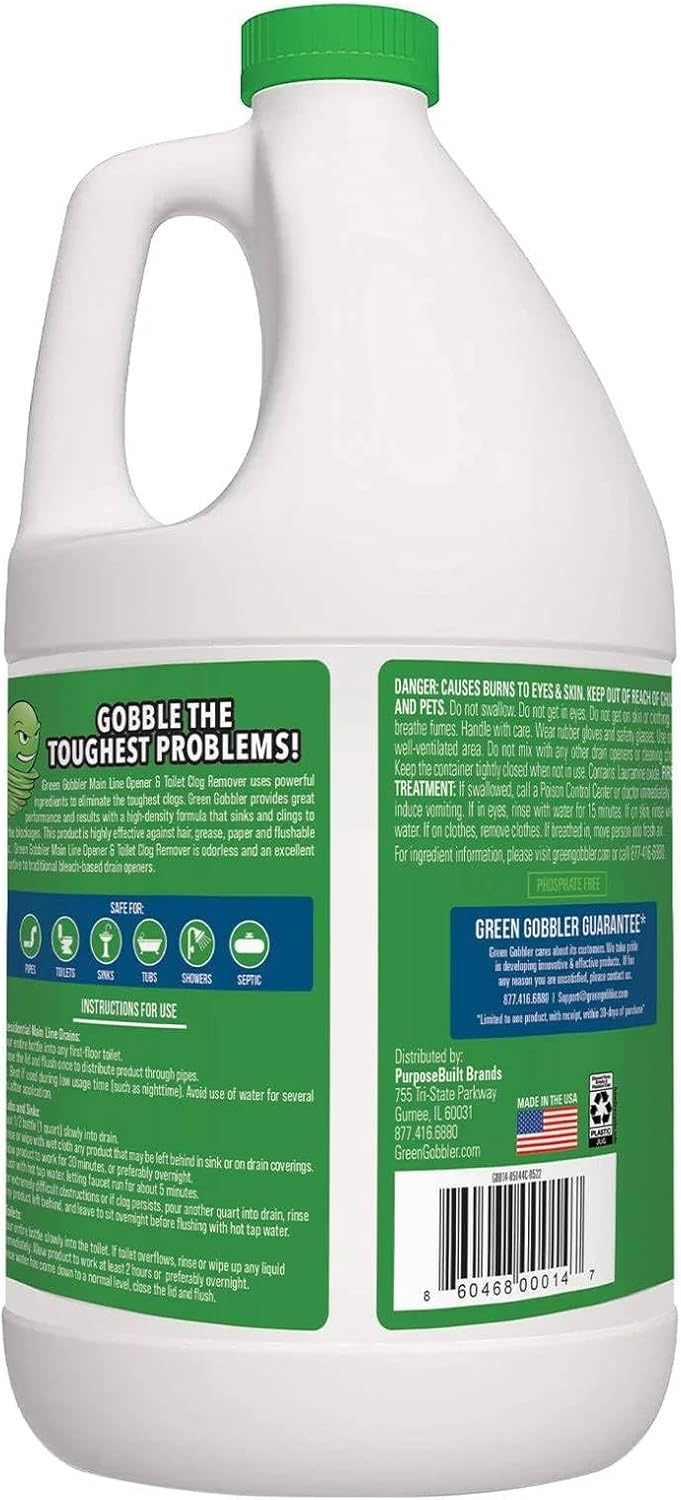 Green Gobbler Ultimate Main Drain Opener | Drain cleaner Hair Clog Remover | Works On Main Lines, Sinks, Tubs, Toilets, Showers, Kitchen Sinks | 64 fl. oz.