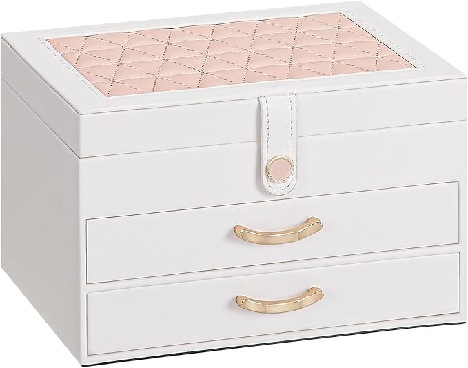 White Jewelry Box Organizer: Home Decor for Women - 2-Drawer Holder for Valentine’s Day Birthday Christmas White Pink
