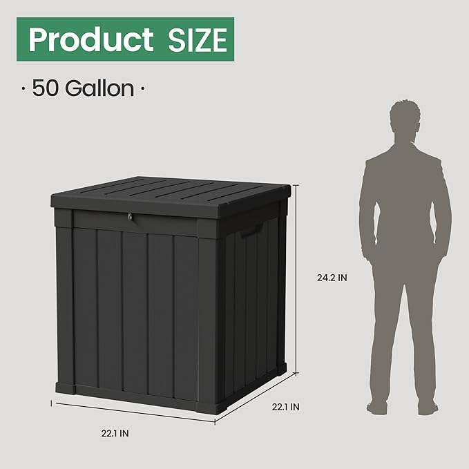 50 Gallon Storage Box, Waterproof Deck Box for Indoor & Outdoor Use, Lockable Pool Storage Bin for Package Delivery, Outdoor Bench for Patio Cushions, Garden Tools, Backyard, Black
