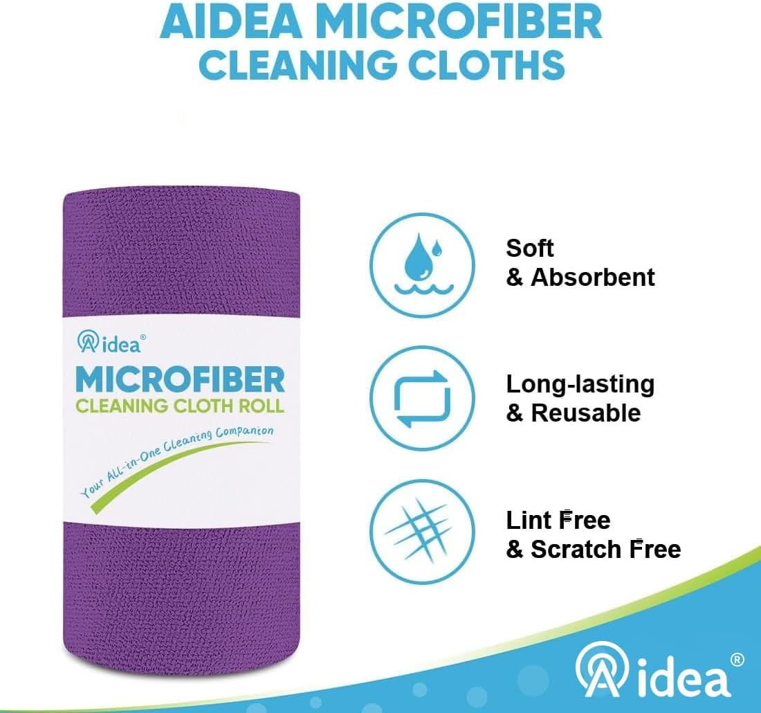 AIDEA Microfiber Cleaning Cloth Roll, 50PK, Reusable Paper Towels Tear Away Cloth, Microfiber Towels for Cars, Lint Free Cleaning Rags for House, Kitchen, Window, 11.5"×11.5", Purple