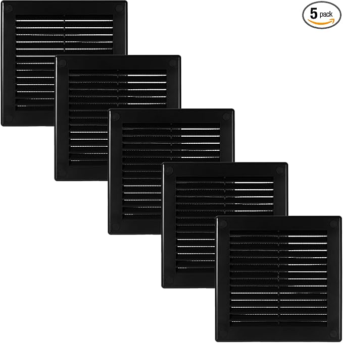 Vent Systems 4.5" x 4.5" Inch (Opening Dimensions) - Pack of 5 - Plastic Black Soffit Vent Cover - Flat Square Air Vent Grille - Air Vent Deflector - HVAC 5.9" x 5.9" Inch (Overall Dimensions)