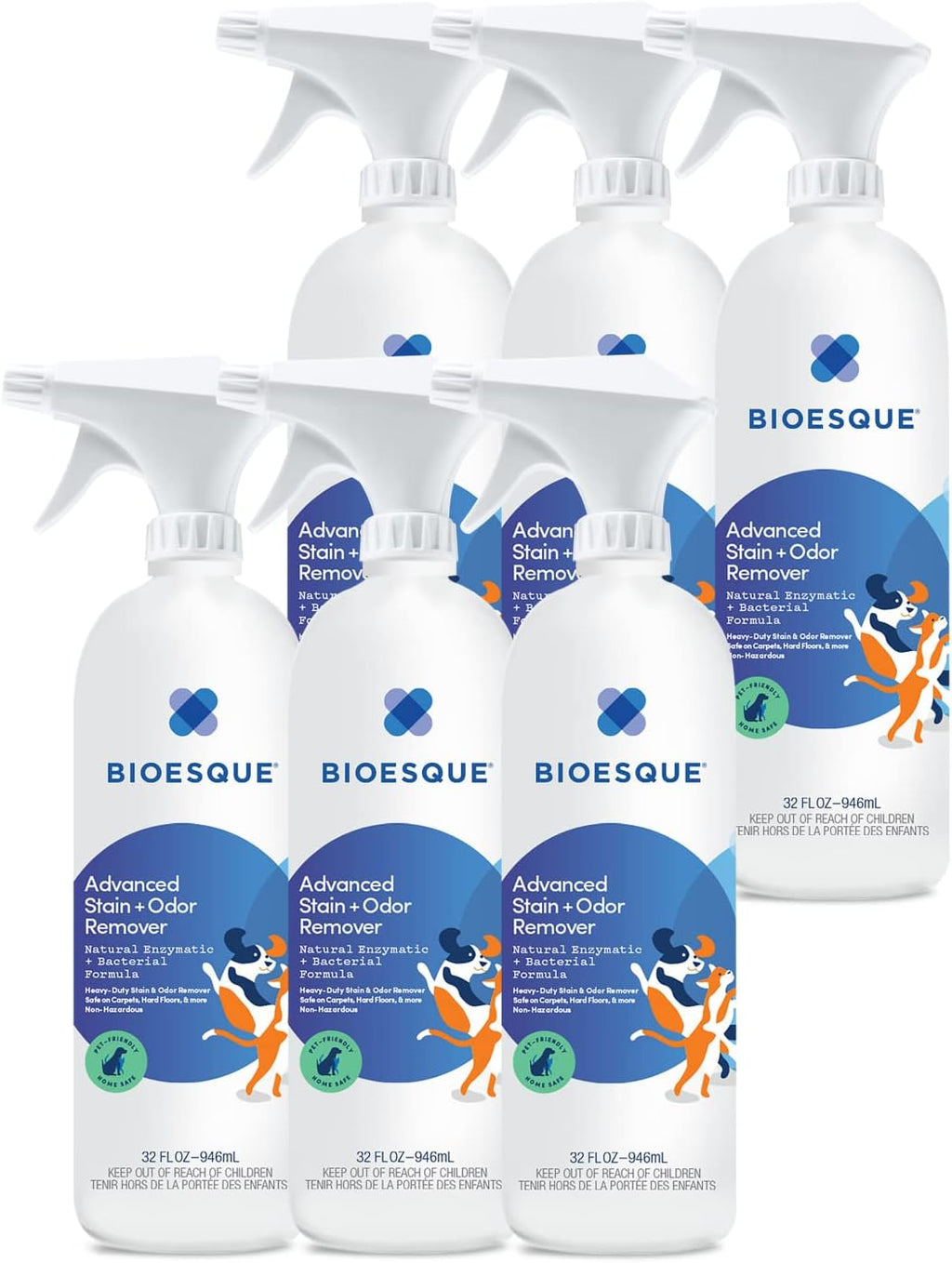 Bioesque Advanced Stain + Odor Remover, Pet-Friendly Natural Enzymatic & Bacterial Formula, Heavy-Duty Stain & Odor Remover, Safe on Carpets, Hard Floors, & More, 32 Fl Oz (Pack of 6)