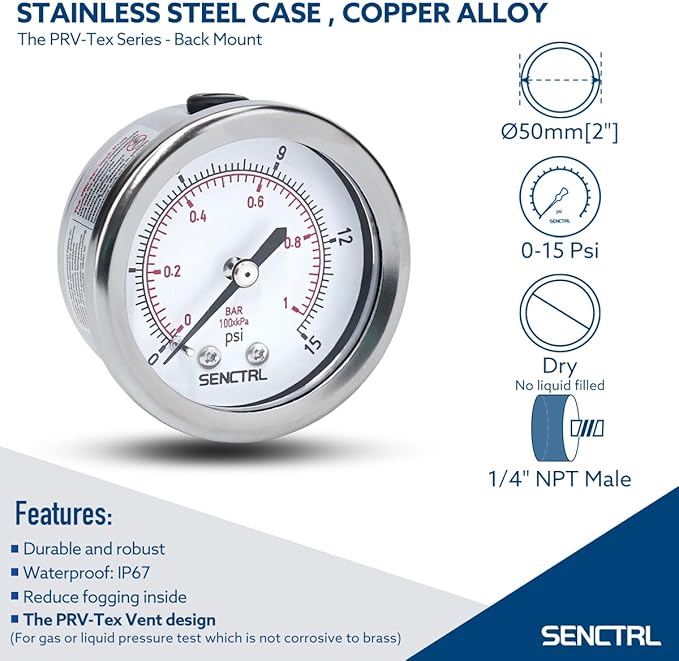 SENCTRL 0-15 Psi Low Pressure Gauge, 2" Dial Size, 1/4 NPT Back Mount, Waterproof, Stainless Steel Case, for Water Air ATV Tire Gas Pressure Test