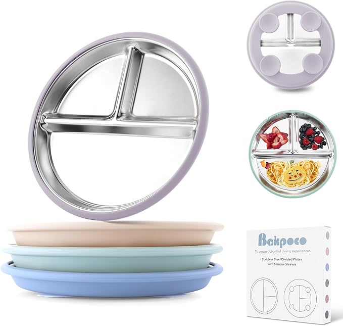 Stainless Steel Toddler Plate with Suction, 8” Divided Plates with Removable Silicone Sleeves for Baby, Non Toxic Unbreakable Kids Snack Dishes Set of 4, Sage Blue Beige Lilac