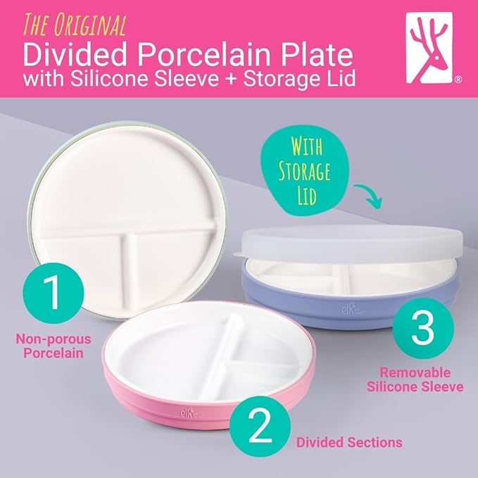 Elk and Friends Kids 7.8” Porcelain Divided Plates with Silicone Sleeves + Lids | Suitable for Babies/Kids/Toddlers | Microwave & Dishwasher Safe | Non Slip | Snack Dishes