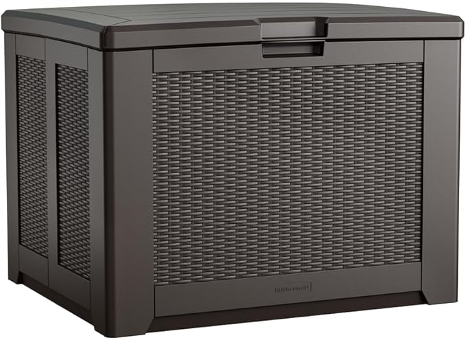 Rubbermaid Medium Resin Outdoor Storage Deck Box (74 Gal) Weather Resistant Brown Deck Organization for Home/Backyard/Pool Chemicals/Toys/Garden Tools/Porch/Patio Cushions