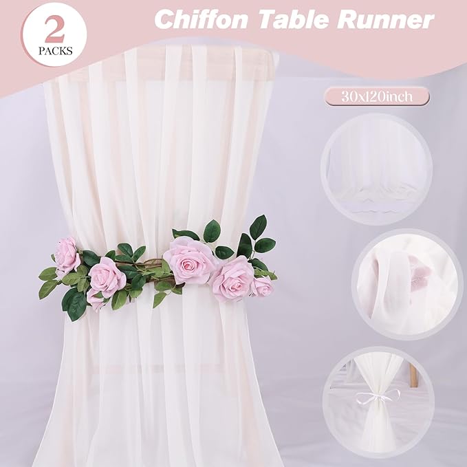 2 Packs 10ft White Chiffon Table Runner 30 x 120 Inches Romantic Sheer Table Runners for Wedding Party Bridal Baby Shower Birthday Holiday Decorations
