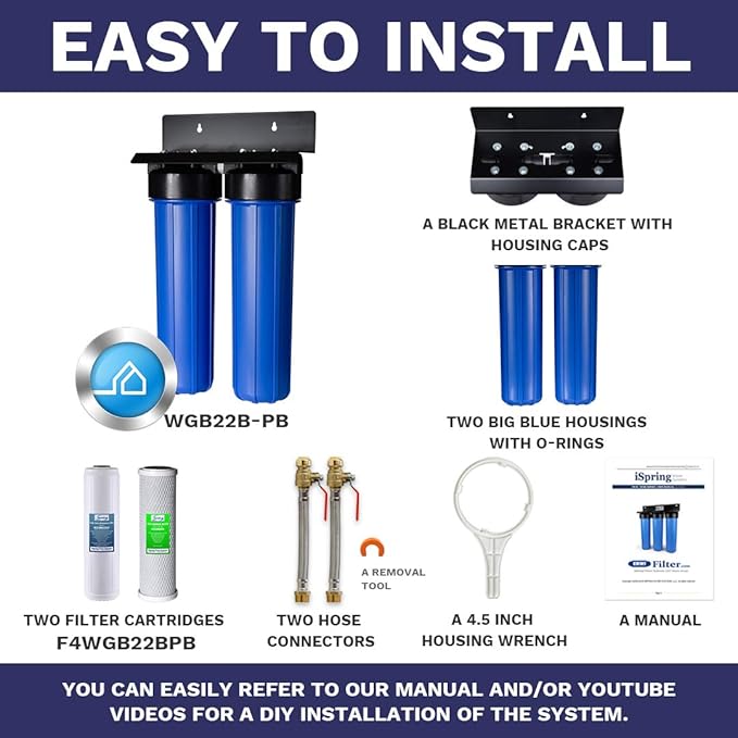 iSpring WGB22B-PB+AHPF12MNPT16X2 2-Stage Whole House Water Filtration System with 20” x 4.5” Carbon Block and Lead Reducing Filters and 3/4" Push-fit Stainless Steel Hose Connectors, Blue