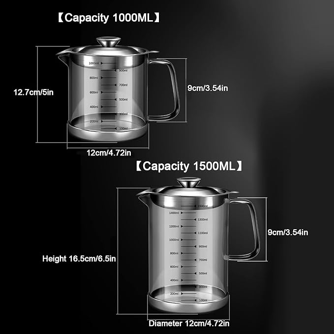1L/35oz Glass Bacon Grease Container with Strainer, Cooking Oil Storage Can with Fine Mesh Filter and Scale, Lid and Easy-Grip Handle,Fat Separator for Storing Fats, Frying Oil and Cooking Grease