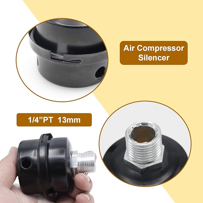 Pack of 2 Air Compressor Silencer with Replacement Elements, 1/4" Thread Air Compressor Intake Filter Silencer, 13mm Metal Air Compressor Filter Noise Muffler Replacement Parts