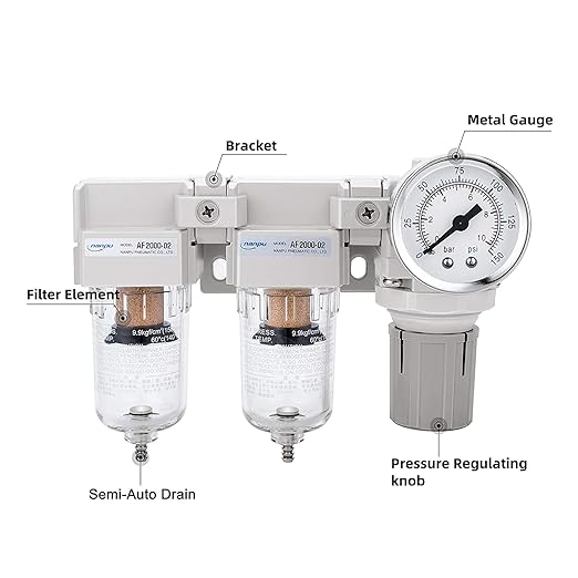 NANPU DFR-02 1/4" NPT Air Drying System - Double Air Filters, Air Pressure Regulator Combo - Semi-Auto Drain, Poly Bowl