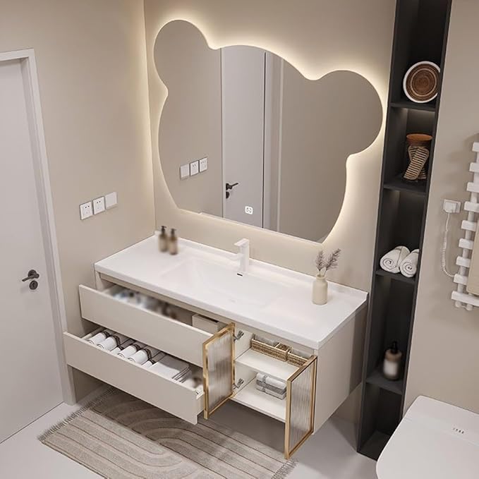 LTSRLL LED Vanity Mirror Cute Bear Decorative Mirror for Bathroom & Dressing Tabler Backlight Wall Mirror with 3 Color Dimmable Light Demister Pad Human Body Sensor Switch(Cut Left,60cmx75cm)