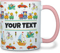 Personalized Mug for Kids - Vehicles - Custom Name/Text, Ceramic Hot Chocolate/Cocoa/Coffee Cup for Boys, Birthday/Christmas/Holiday Gift - 11 oz, Pink Handle