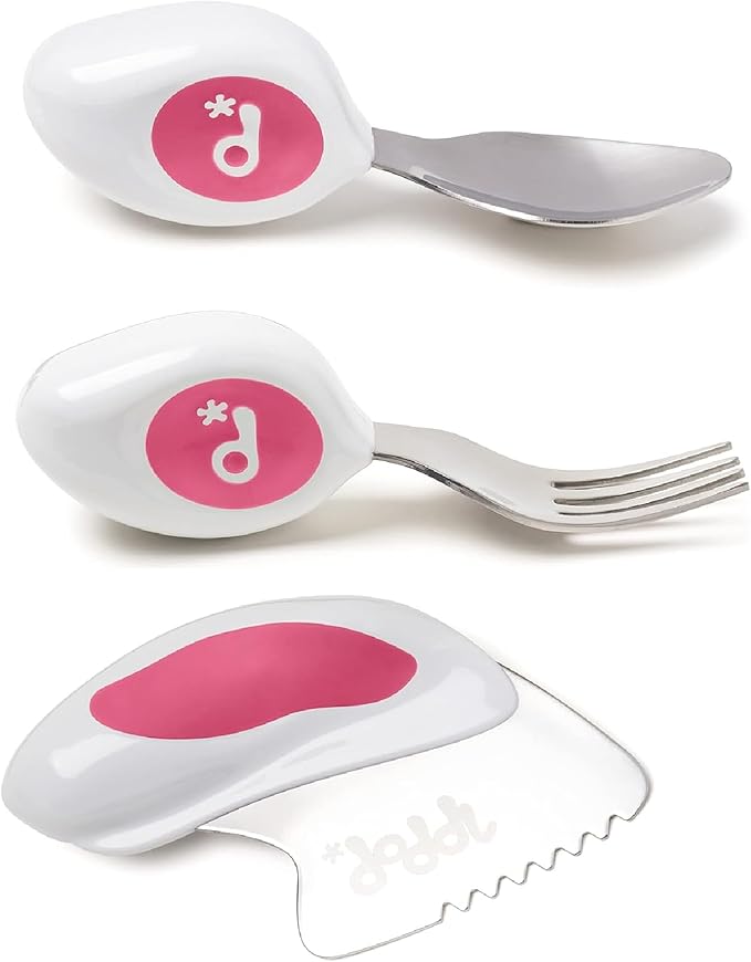 doddl Toddler Utensils, Ergonomic Fork Spoon and Knife Set for Self Feeding, Stainless Steel Silverware for 1-3 Year Olds, BPA Free, Dishwasher Safe (Magenta)