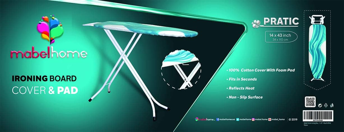 Mabel Home Ironing Board Padded Cover, 100% Cotton (6 Different Size & Pattern) (43" x 14" / Deluxe)