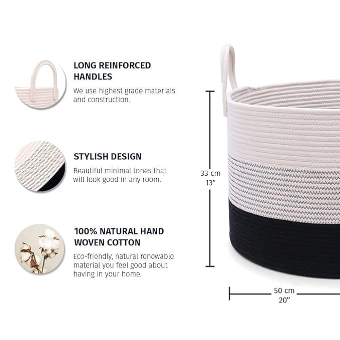 OrganiHaus Woven Laundry Basket, Large Cotton Rope Blanket Holder with Handles, Soft & Sturdy Nursery Hamper, Decorative Toy Bin for Living Room Organization 20x13 inches - Off-White/Black