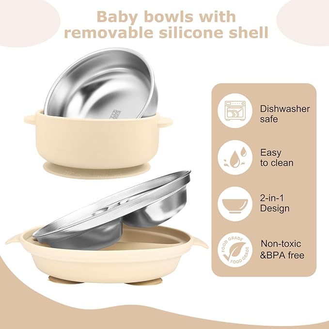 Stainless Steel Baby Plate and Bowl with Suction, Baby Bowl and Divided Kids Toddler Plate with Removable Silicone Shell, Non-Slip Toddler Baby Feeding Set, Forks + Spoons Included-Cream