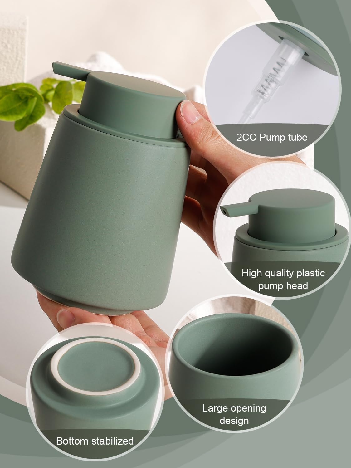 INGOFIN Ceramic Soap Dispenser, 14 oz Bathroom Hand Soap Dispenser, Liquid Dispenser with Pump, Refillable Modern Lotion Dish Dispenser for Kitchen, Matte Green