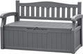 JUMMICO 80 Gallon Resin Outdoor Storage Bench, Large Deck Box with Armrest, Lockable & Waterproof for Garden, Home, Patio, Pools (Grey)