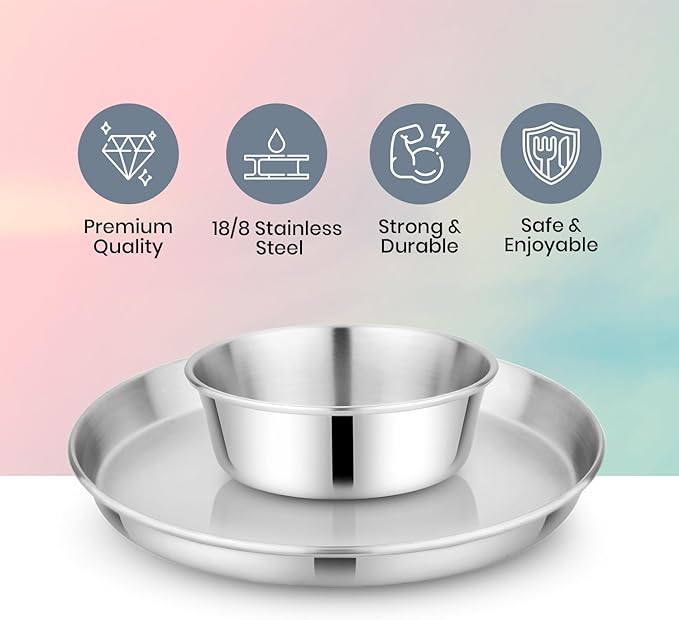 Children's 304 18/8 Stainless Steel Dinnerware Set | 1 Plate (21 cm) and 1 Bowl (10 ounces) | Matte Finish | 100% BPA Free | Non-Toxic | Dishwasher Safe