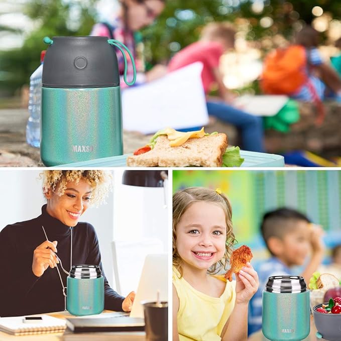 Insulated Food Jar for Hot & Cold Food for Kids Adult,17 oz Soup Thermo Hot Food Containers for Lunch, Triple Layer Insulation Stainless Steel Food Jar with Spoon (GPeacock)