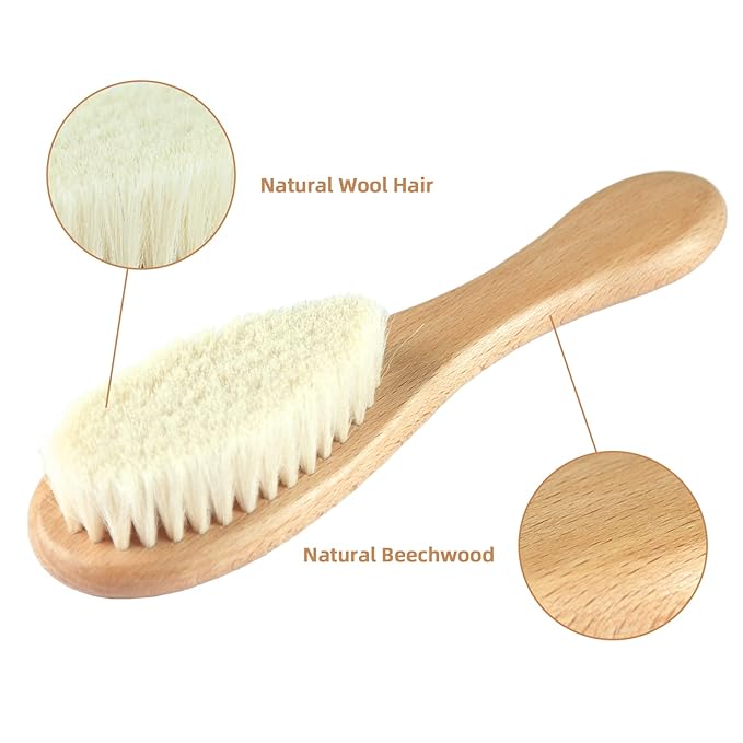 Baby Hair Brush and Comb Set (4-Piece) for Newborn - Wooden Baby Hairbrush Set，A Beechwood Brush, Baby Airbag Brush, Beech Handle Brush, and Prevent Cradle Cap Silicone Brush - Ideal Registry Gift