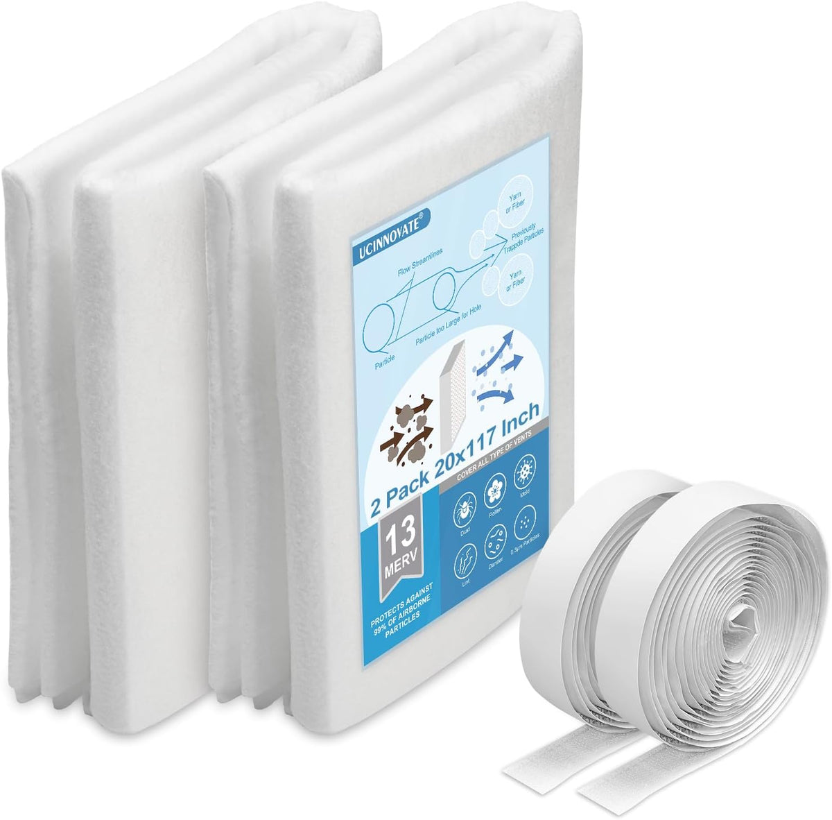 UCINNOVATE 32Ft² MERV 13 AC Vent Filters Kit, 2 Pack 20"x117" Cut to Size Air Filter Material with 125" Installation Tape, Electrostatic Vent Filters for Home Floor HVAC Heating Intake Registers