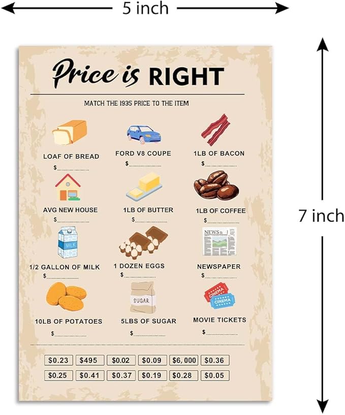 QUPT 90th Birthday Party Games, Price is Right Games, Birthday Party Supplies for Adults, Fun 1935s Party Game，Pack of 30 Cards