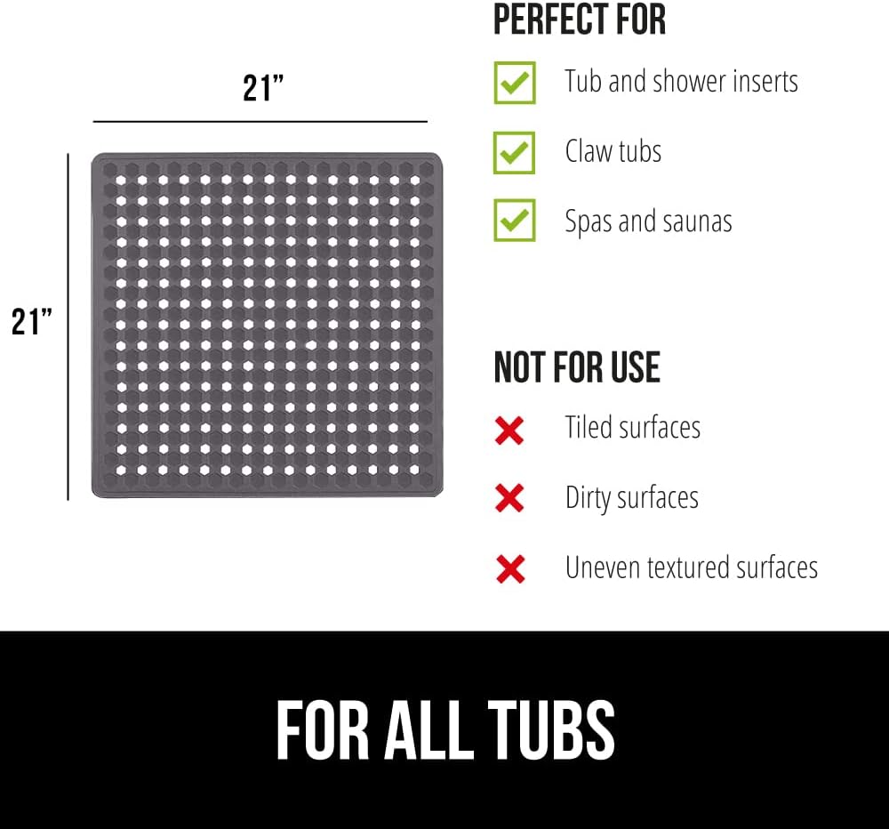 GORILLA GRIP Patented Square Shower Stall Mat, Small Bathtub Floor Mats for Stand Up Showers, Suction Cups and Drain Holes, Machine Wash, Soft on Feet, Bathroom Accessories 21x21 Inch, Charcoal Opaque