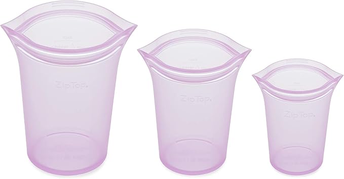 Zip Top Reusable Food Storage Bags | 3 Cup Set [Lavender] | Silicone Meal Prep Container | Microwave, Dishwasher and Freezer Safe | Made in the USA