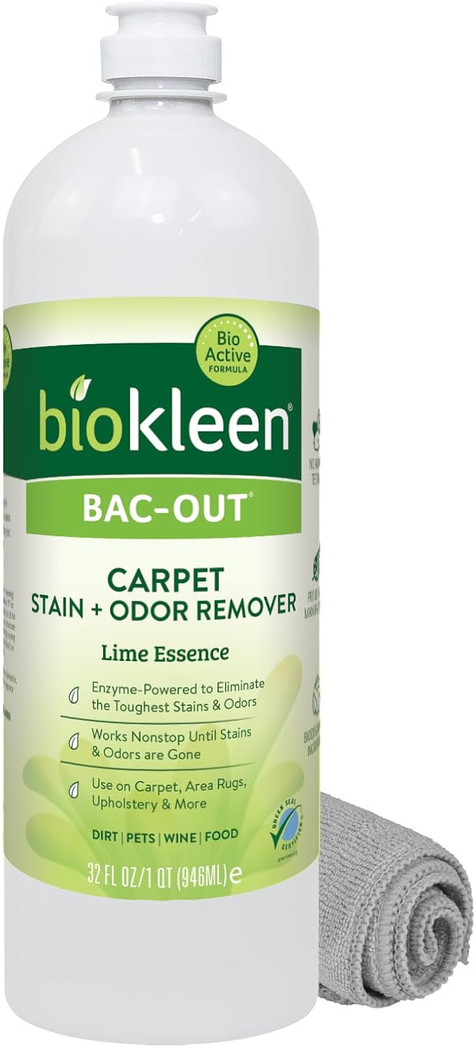 Biokleen Bac-Out Natural Stain Remover for Clothes - Use on Laundry, Diapers, Wine, Carpets, and More, Enzymatic, Plant-Based, 32 Oz With Micro-Fiber Cleaning Towel Included