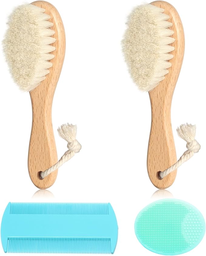 Goat Baby Hair Brush Set, 2pcs Wooden Soft Bristles Brush with Comb and Green Silicone Bath Brush for Newborns Toddlers Safe Natural Hair Care Kit