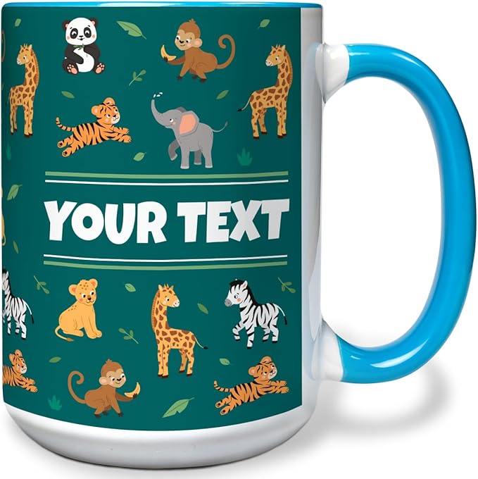 Personalized Mug for Kids - Zoo Animals - Custom Name/Text, Ceramic Hot Chocolate/Cocoa/Coffee Cup for Boys/Girls, Birthday/Christmas/Holiday Gift - 15 oz, Light Blue Handle