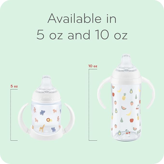 NUK Learner Cup, 6+ Months, Fun Fruits and Animals, Amazon Exclusive Collection, 5 Oz, Pack of 2 – BPA Free, Soft Spout, Spill Proof Sippy Cup